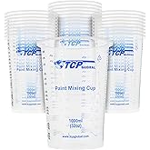 TCP Global 32 oz. (1000ml) Graduated Plastic Mixing Cups (Box of 25) - Disposable Plastic Measuring Cups for Liquids, Paints, Resin, Epoxy, Art, Kitchen - Ratios 2-1, 3-1, 4-1 ML