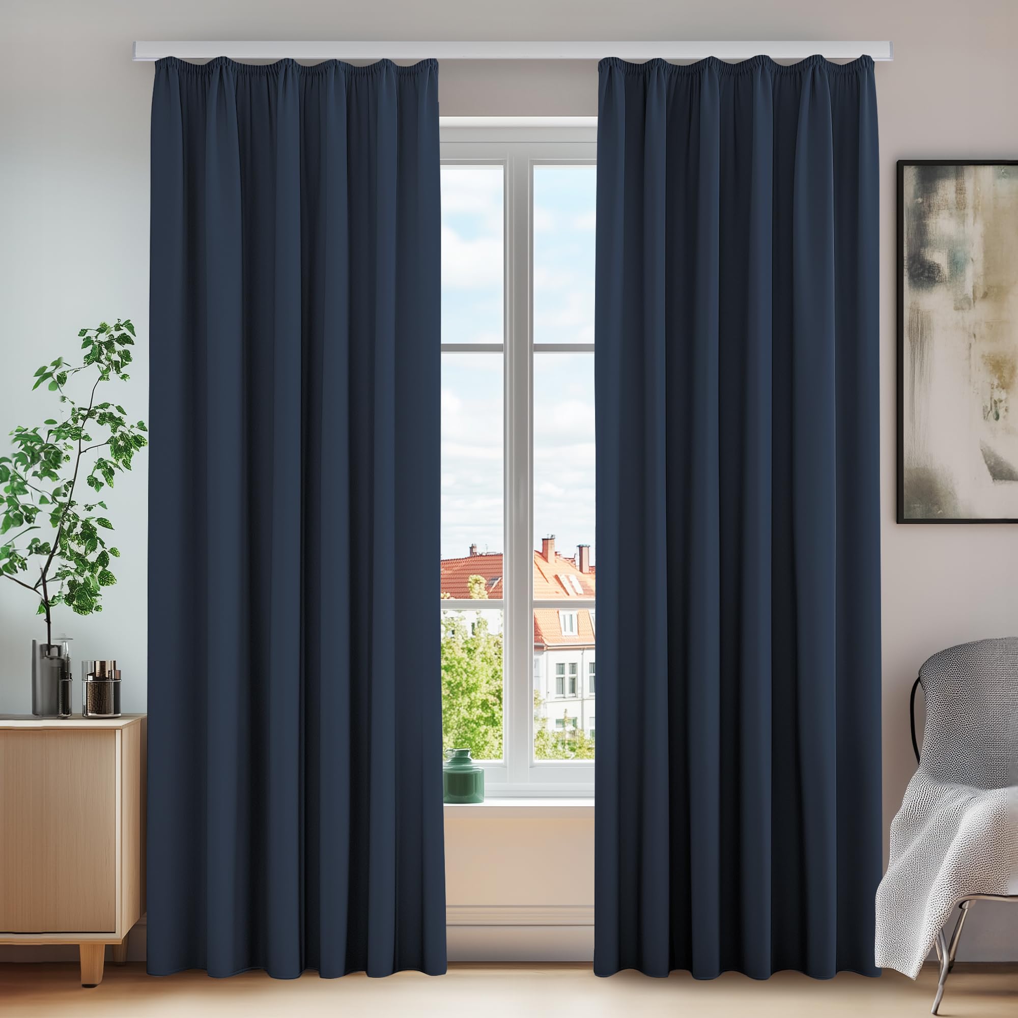 Deconovo Blackout Curtains Thermal Insulated Boys Curtains Pencil Pleat Curtains for Kids Bedroom W55 x L82 Navy Blue One Pair