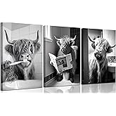3pcs Funny Highland Cow Bathroom Canvas Wall Art Black and White Cute Cow Animal Painting Picture Wall Decor Rustic Farmhouse Cow in Toilet Poster Print Artwork for Bathroom Restroom Home Decoration