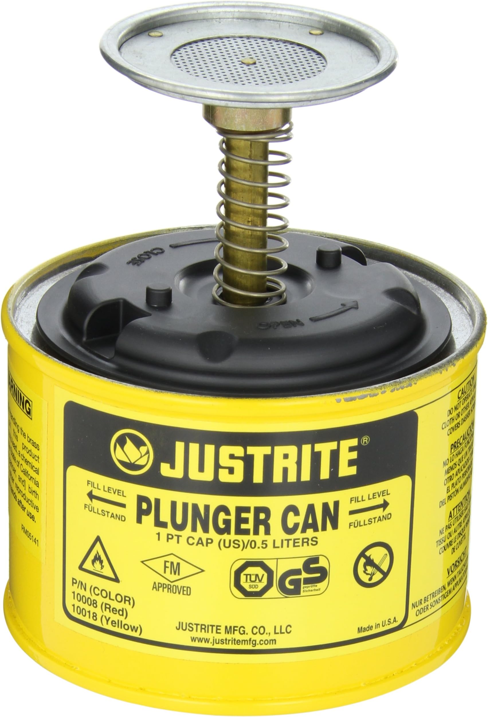 Justrite 10018 Steel Plunger Can, 0.5L Capacity, Yellow, 4-7/8" OD x 5-1/4" H