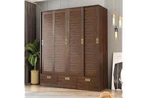 Homsee Large Wardrobe Armoire with 4 Sliding Doors, 3 Drawers, Hanging Rods & Storage Shelves, Wooden Closet Storage Cabinet with Silver Handles for Bedroom, Brown (59.1”W x 20.9”D x 70.9”H)