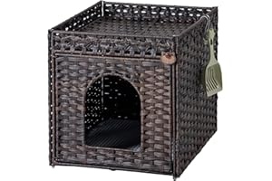 SETVSON Cat Litter Box Enclosure Cat Litter Box Furniture Hidden with Cat Litter Mat, Cat Litter Box Furniture with Two S-Shaped Hooks, Handwoven Rattan Cat House for Living Room, Bedroom, (Brown
