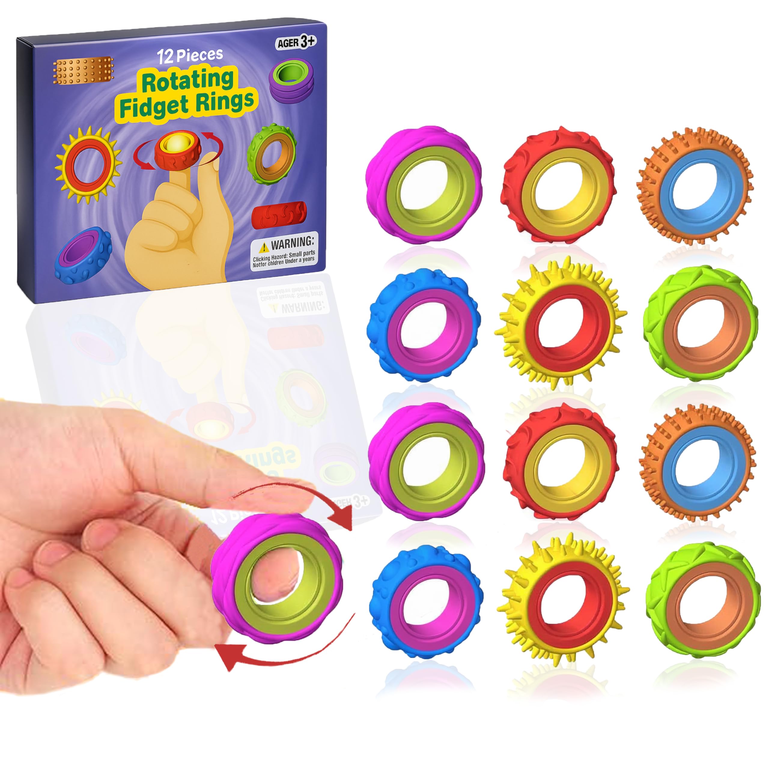 DasKid Fidget Sensory Rings for Kids – 12 Pack Textured Finger Spinner Rings – Calming Fidget Toys for Autism, ADHD, Anxiety Relief – Quiet Classroom & Office Stress Toys for Adults & Children