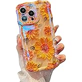 XIZYO Case for iPhone 15 Pro, Colorful Retro Oil Painting Flower Cute Floral Aesthetic Curly Wave Frame Laser Glossy Reflective Exquisite Stylish Protective Cover Women Girls-Sunflower/Yellow