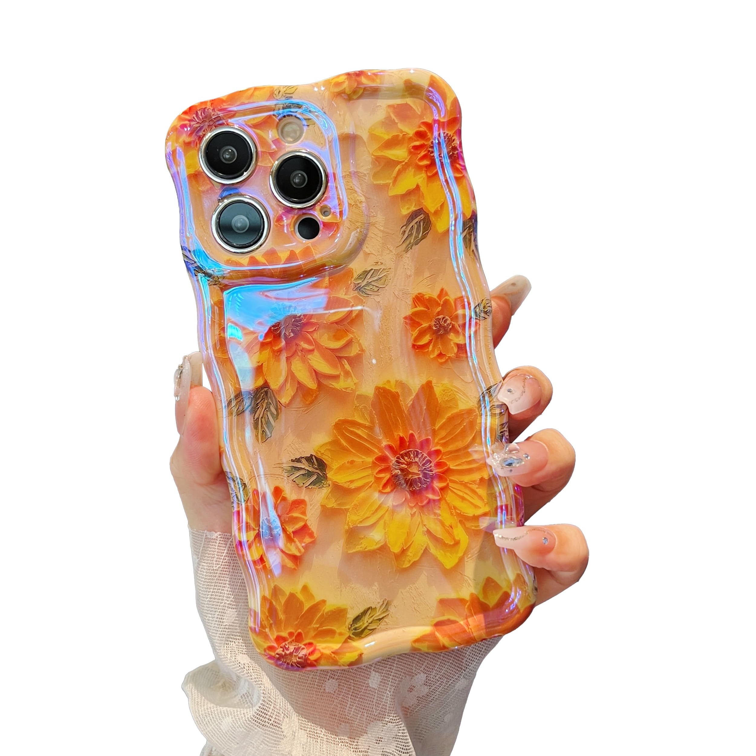 XIZYO Colorful Retro Oil Painting Flower Case for iPhone 13 Pro Max, Curly Wave Frame Laser Glossy Cute Floral Aesthetic Phone Case, Girls Women Slim Soft TPU Shockproof Cover, Sunflower/Yellow — image 1