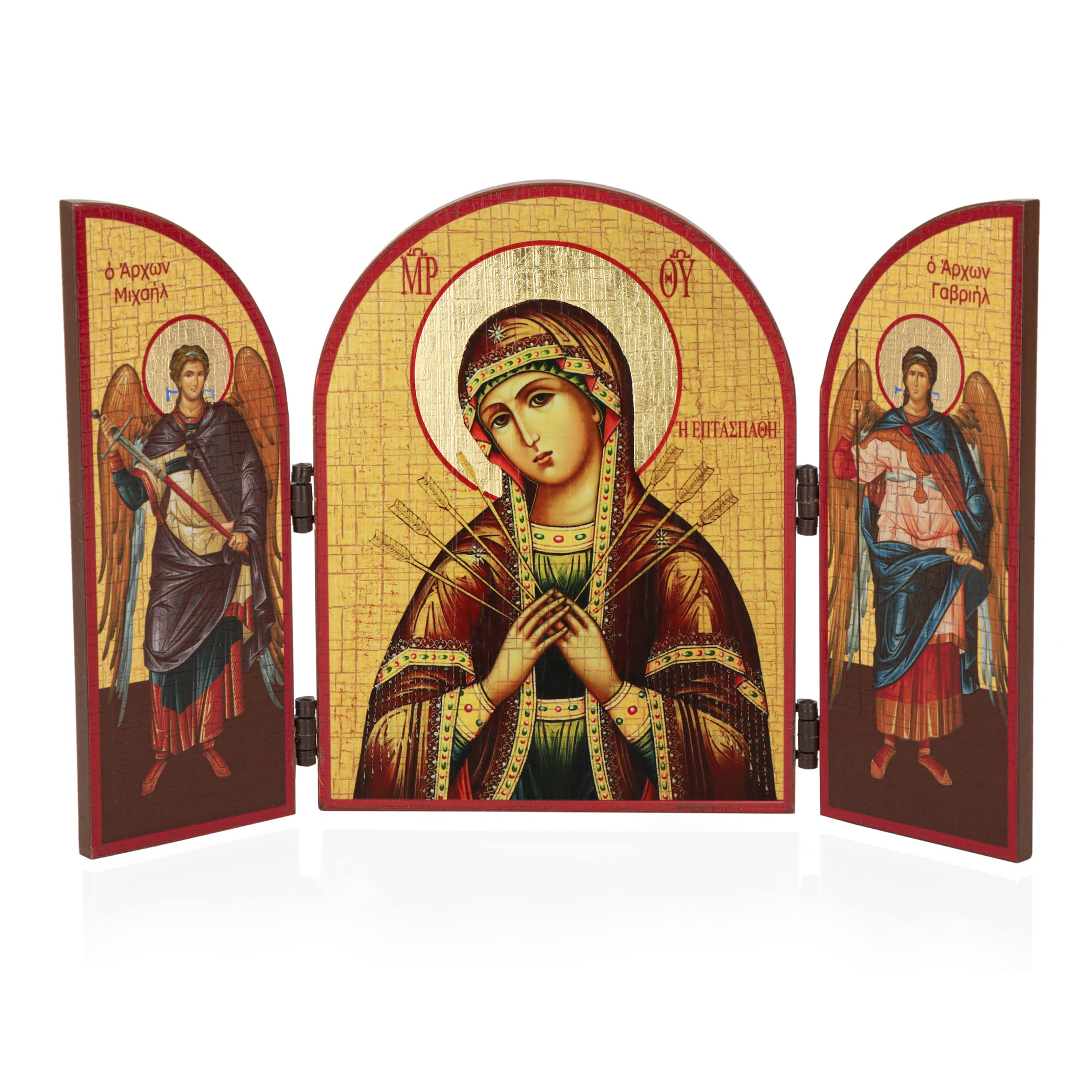 NKlaus Mother of God Seven Arrows Triptych Wooden Icon 25 x 16 cm Christian 11324