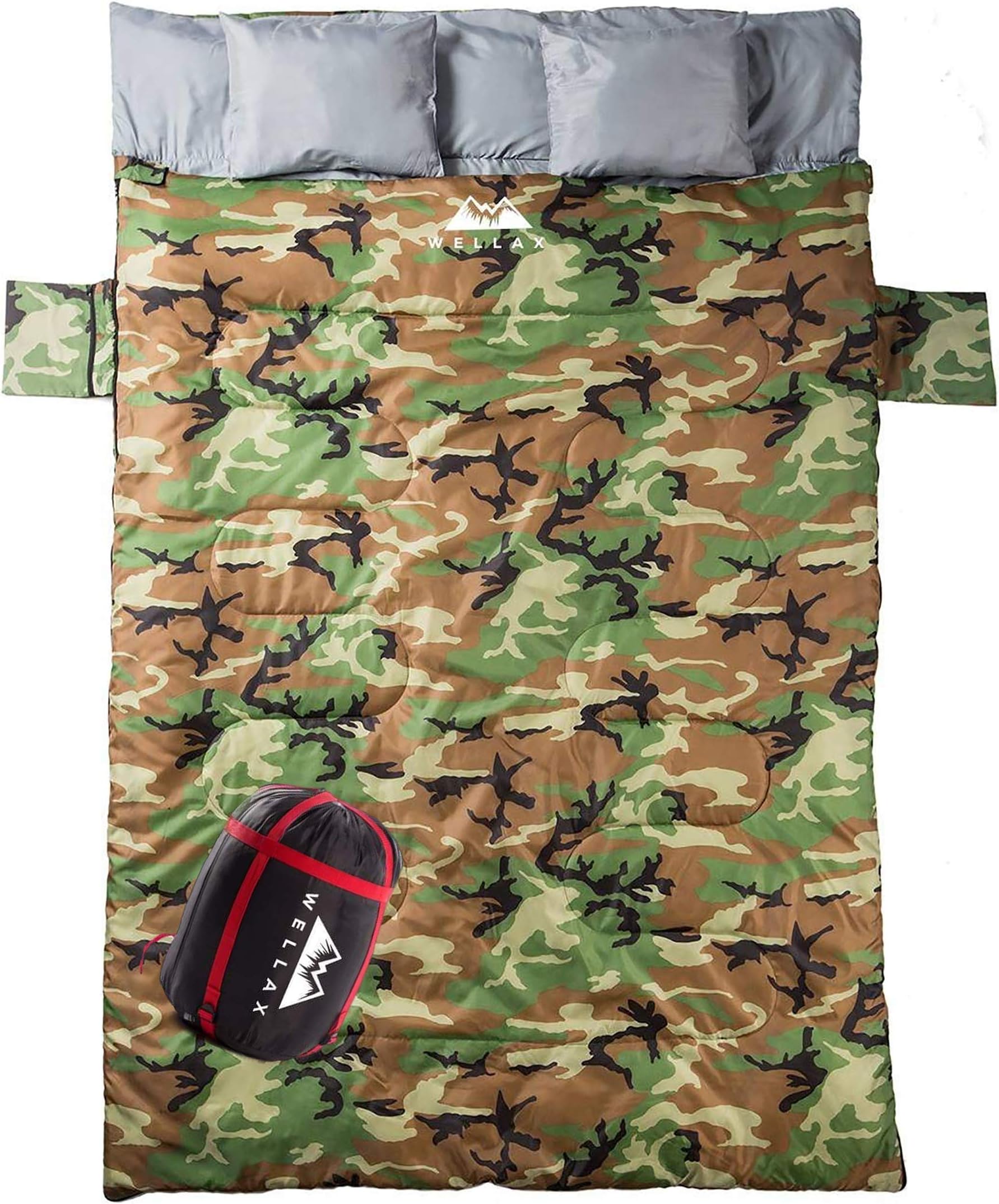 WELLAX Double Sleeping Bag for Camping, Backpacking or Hiking - Perfect Extra Large Sleeping Sack for Couples- Cozy and Warm 3 Season Waterproof Sleeping Bag for 2 Person Adults