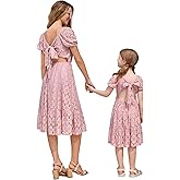 AWIBMK Mommy and Me Vintage Lace Dress Puff Sleeve Bow Tie Back A-line Mother Daughter Summer Casual Party Dresses