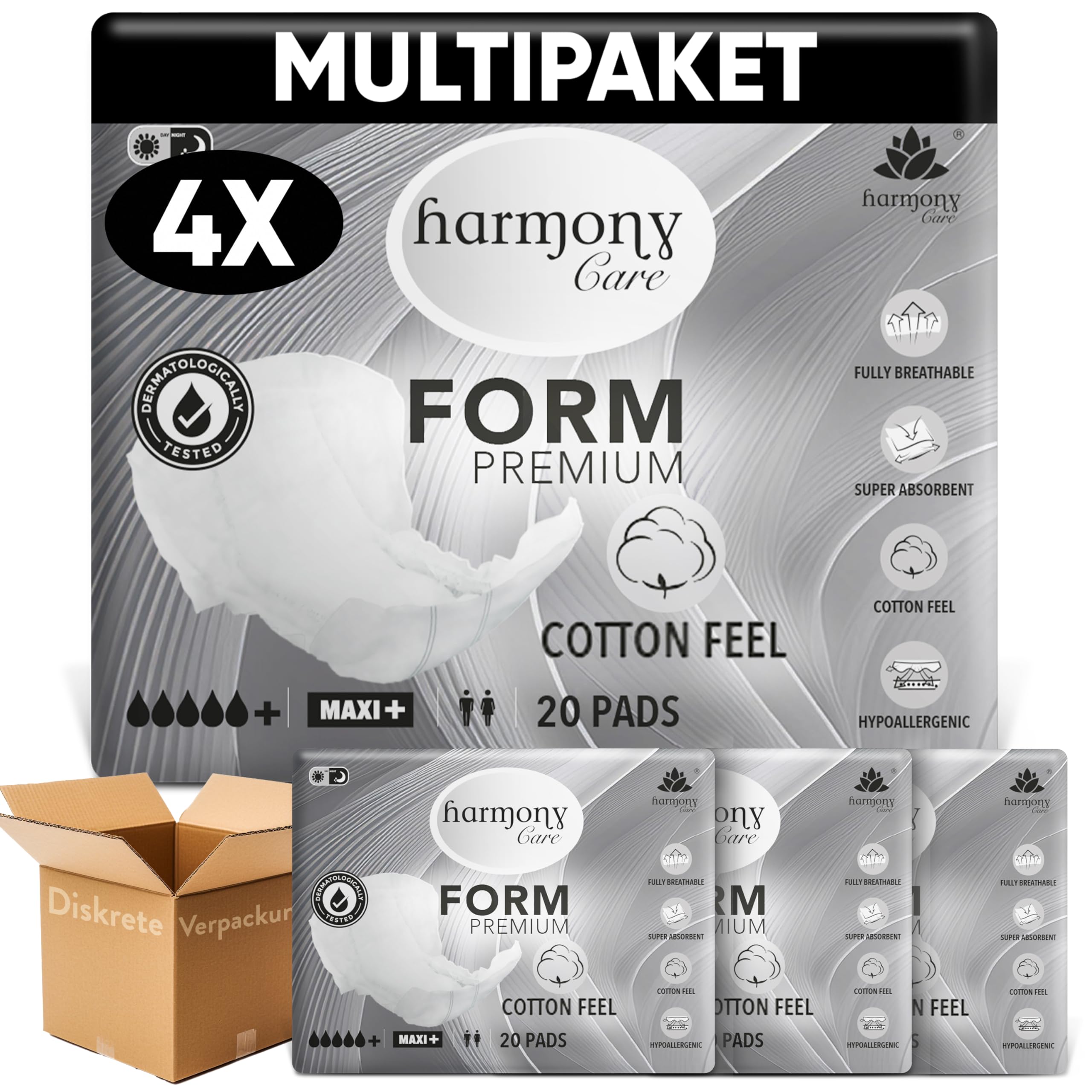Harmony Care® Premium Form MAXI NIGHT - saugstarke Inkontinenzvorlagen bei starker Inkontinenz - große Windeln für Erwachsene - auslaufsichere Inkontinenzeinlagen Damen und Herren - 4 x 20 Stück