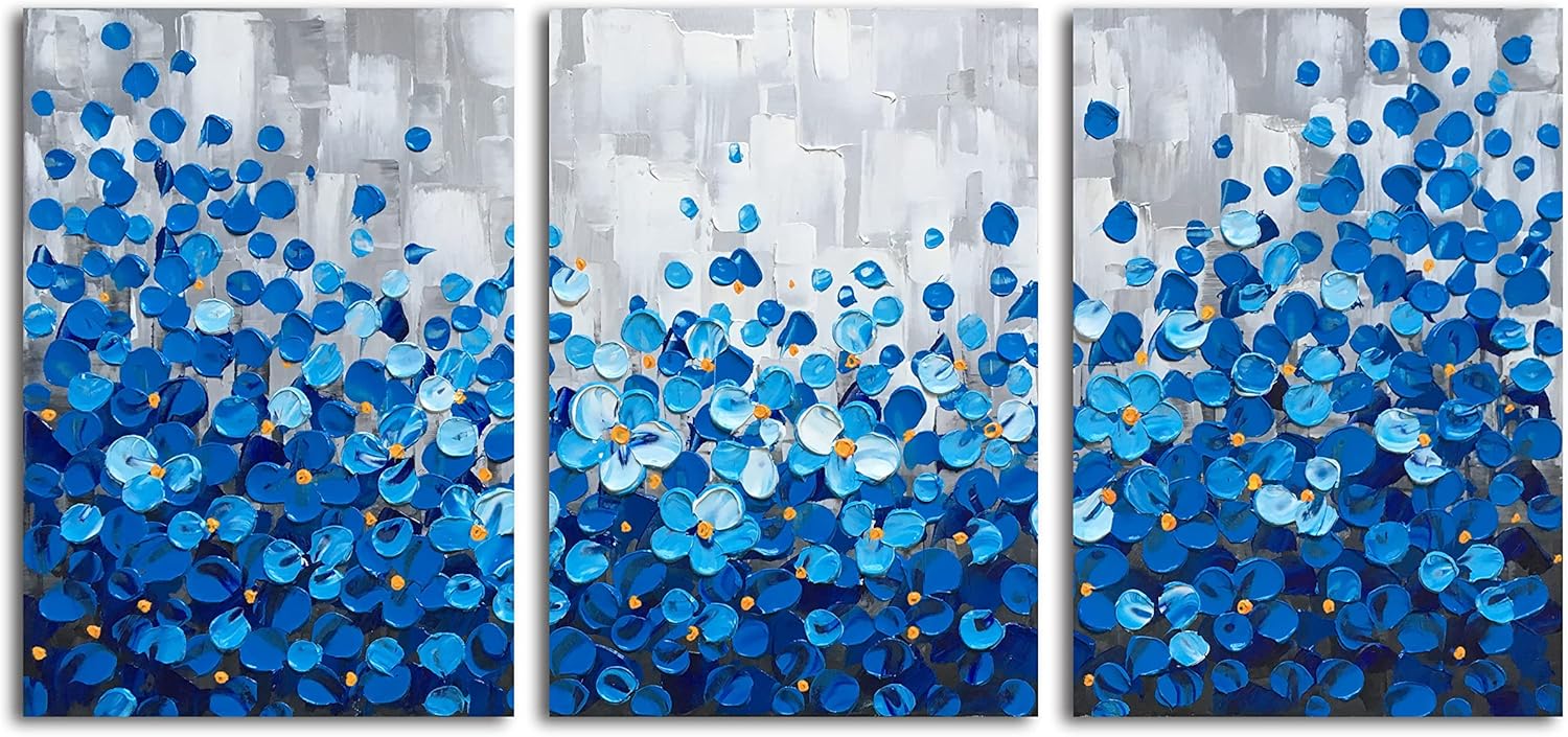 Paintings - Gongyuanyihao Arts Textured Blue Flowers Canvas Wall Art Handpainted 3 pieces Blossom Modern Oil Painting Picture Framed Ready to Hang Home Decoration 16x24inch x 3pcs