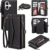 DKDKSIP Compatible with iPhone 17 6.3" Wallet Case with RFID Blocking Card Holder for Women, PU Leather Flip Zipper Wallet Detachable Magnetic Phone Case Crossbody Strap, Black