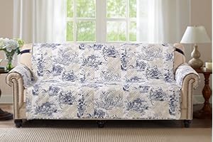 Brilliant Sunshine Blue Toile Couch Cover, Quilted Oversized Loveseat Slipcover, 54" Seat Width, Slip Resistant Furniture Protector, 2" Strap, Washable Couch Cover for Pets, Kids, Dogs, Blue Beige