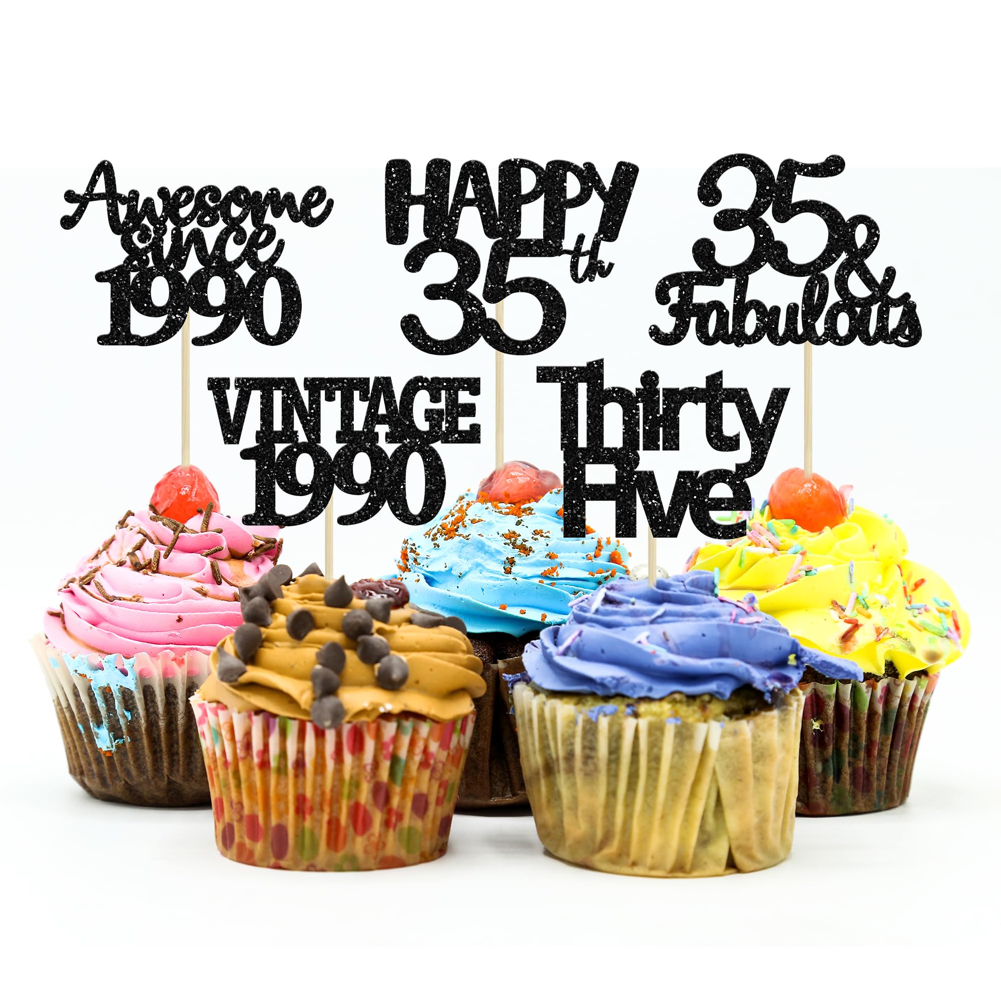 Gyufise 30 Pack Vintage 1990 Cupcake Toppers Black Glitter Thirty Five Happy 35 Cake Decorations Cheers to 35 Years Birthday Cupcake Picks 35th Birthday Anniversary Cake Decorations