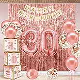 RTHPY 30th Birthday Decorations for Her,30 Year Old Boxes Decor for Girls Women Happy 30th Birthday Banner Kits Pink Rose Gold Number 30 Foil Balloons Party Supplies Rose Gold Tassel Curtain
