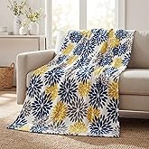 Horaldaily Blue Yellow Grey Dahlia Pinnata Flannel Blanket Throw, Spring Summer Floral Soft Fuzzy Plush Cozy Fleece Blankets for Couch Sofa Bed Lounging, Ideal Gifts for Kids Adults Self, 50x60