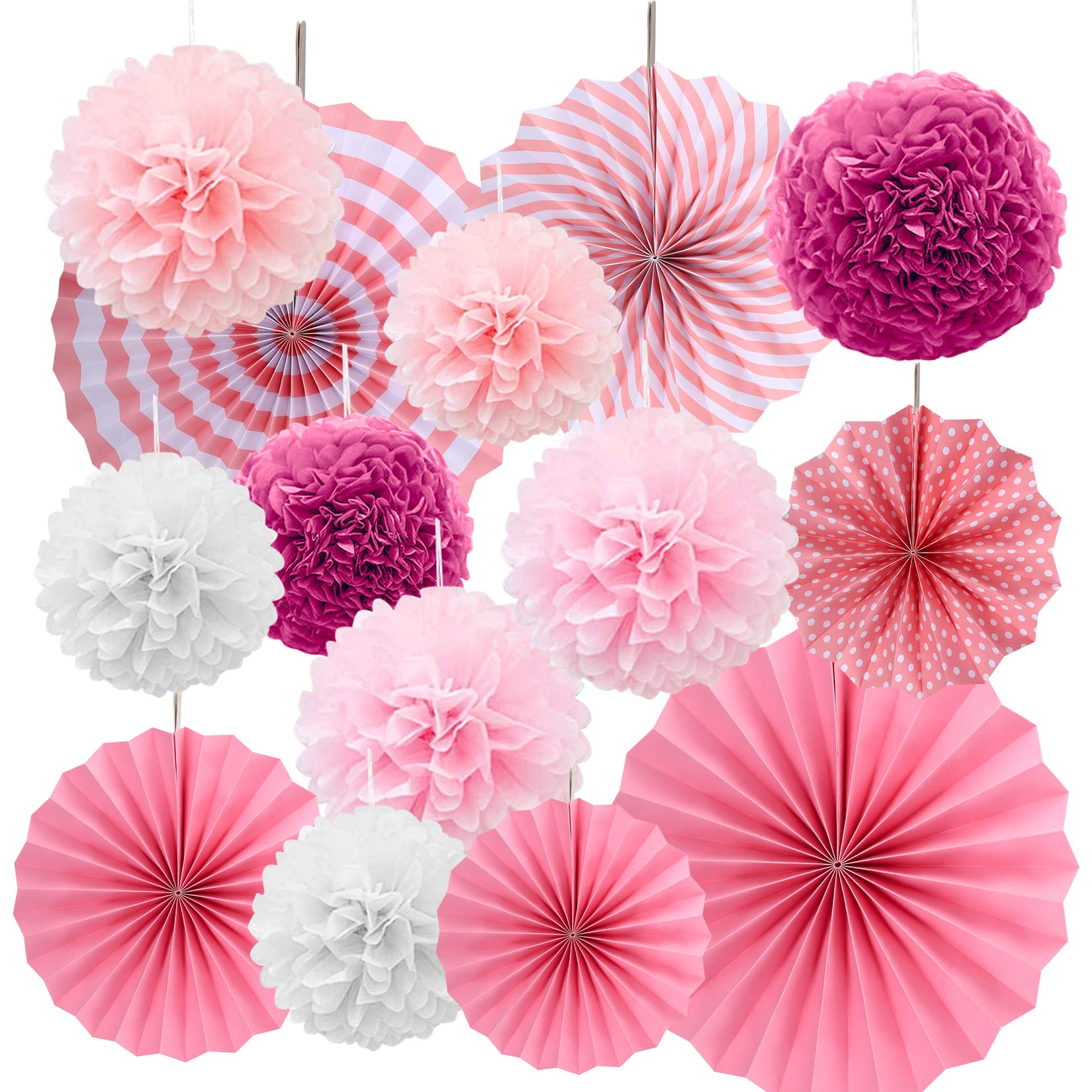 Photo 1 of 14 Pcs Hanging Fans Party Decorations: 6 Paper Fan Decorations Flowers & 8 Paper Pom for Birthday Wedding Baby Shower Bridal Anniversary