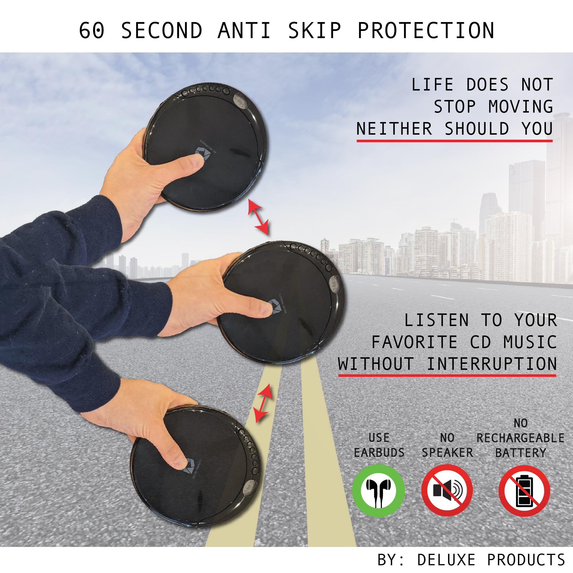 CD Player Portable with 60 Second Anti Skip, Stereo Earbuds, Includes Aux in Cable and AC USB Power Cable for use at Home or in Car