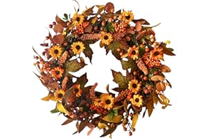 ZJLMIT YyLxDMTM 22 Inch Artificial Fall Wreath Autumn Front Door Wreaths Harvest Wreath with Daisies Berries Maple Leaves for Indoor Outside Door Harvest Festival Thanksgiving Day Celebration Decoration