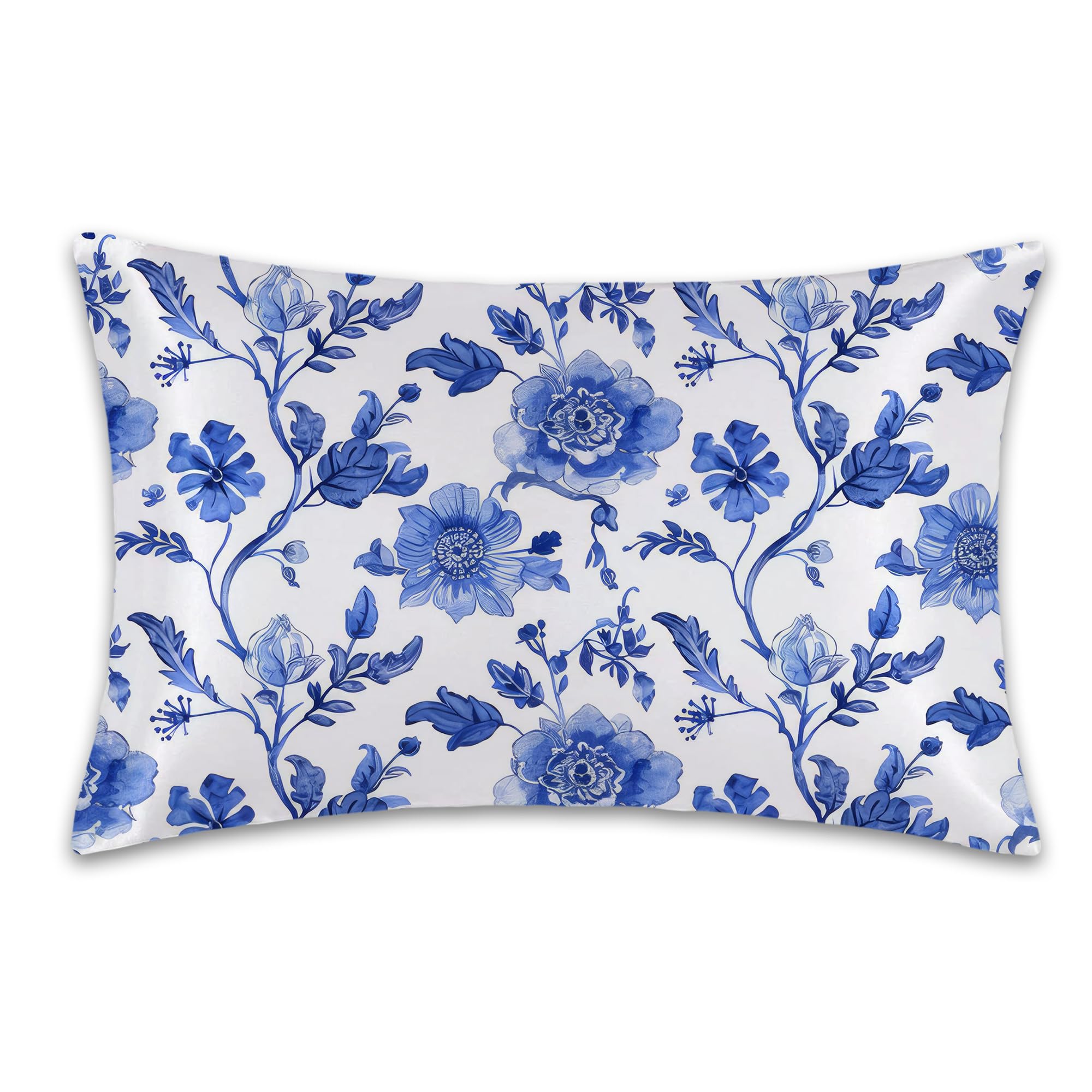 Photo 1 of Vintage Blue Floral Satin Pillow Case Queen Size,Soft Pillowcases for Hair and Skin Similar to Silk,Pillowcases with Hidden Zipper Bedding Accessories,20X30 Inches,1 Pack