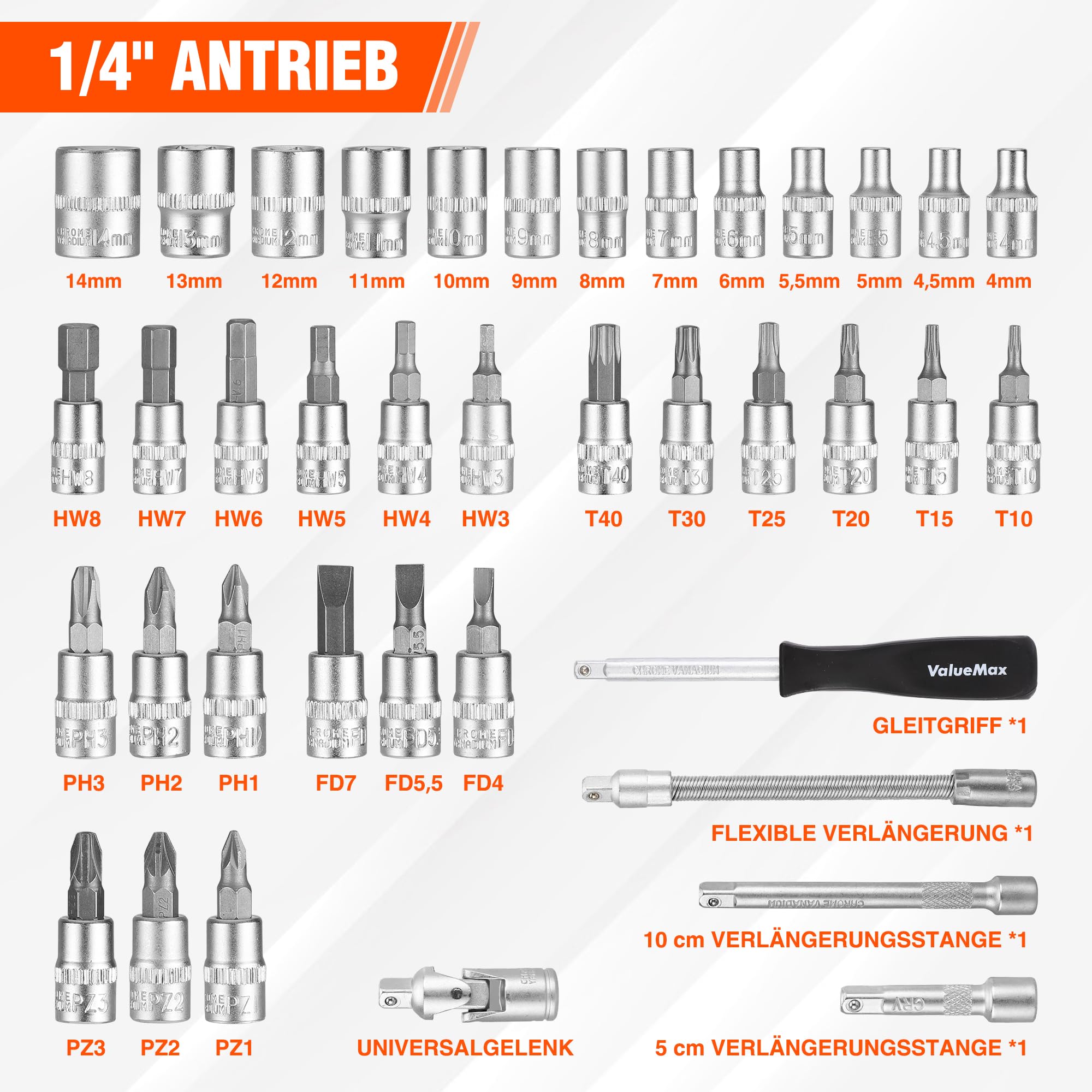 ValueMax Steckschlüsselsatz 46tlg. Cr-V Stahl Steckschlüssel mit 1/4" Umschaltknarre, Steckschlüssel, Bitsatz, Steckschlüsseleinsätze, Werkzeugkoffer 4