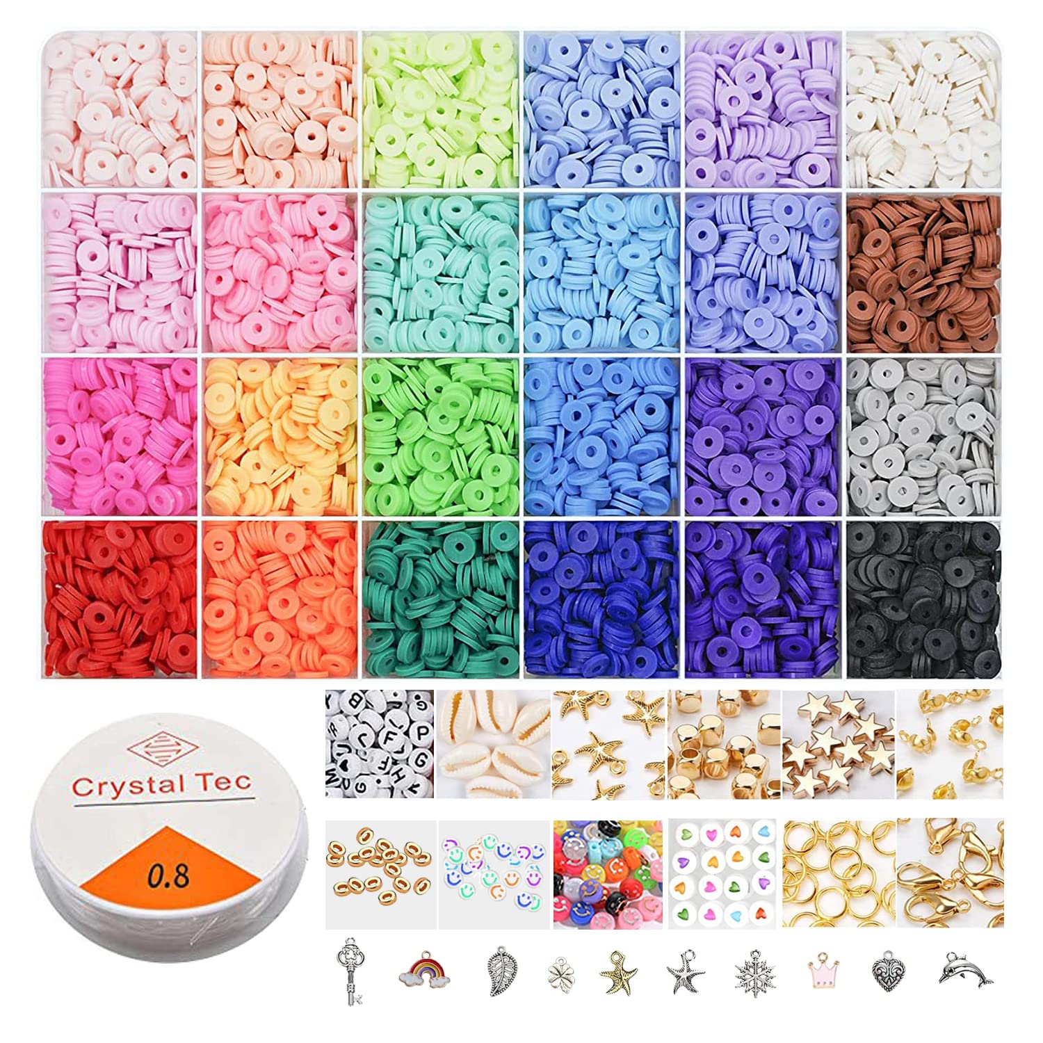 POTUANOT 5244 Pcs Multicolor 6mm Round, Heart Polymer Clay Heishi Beads with Pendant Charms Kit and Elastic Strings for Bracelet Making Kits