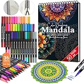 Apolyone Mandala Coloring Book for Adults with 36 Markers Set | 50 Relaxing Pages, Spiral Bound & Single-sided Hardcover, 36 Dual-Tip Markers, Mindfulness Arts & Crafts Gift for Women