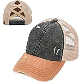 Funky Junque Ponytail Hat for Women - Baseball Cap with Adjustable Fit & High Pony Tail Criss Cross Back for Everyday Wear