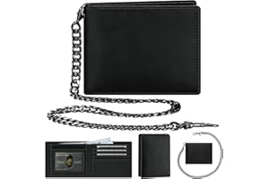 Furid Genuine Leather Wallet with Chain: RFID Blocking Men's Wallet with Anti-Theft Chain - Trifold Wallets with ID Card Wind