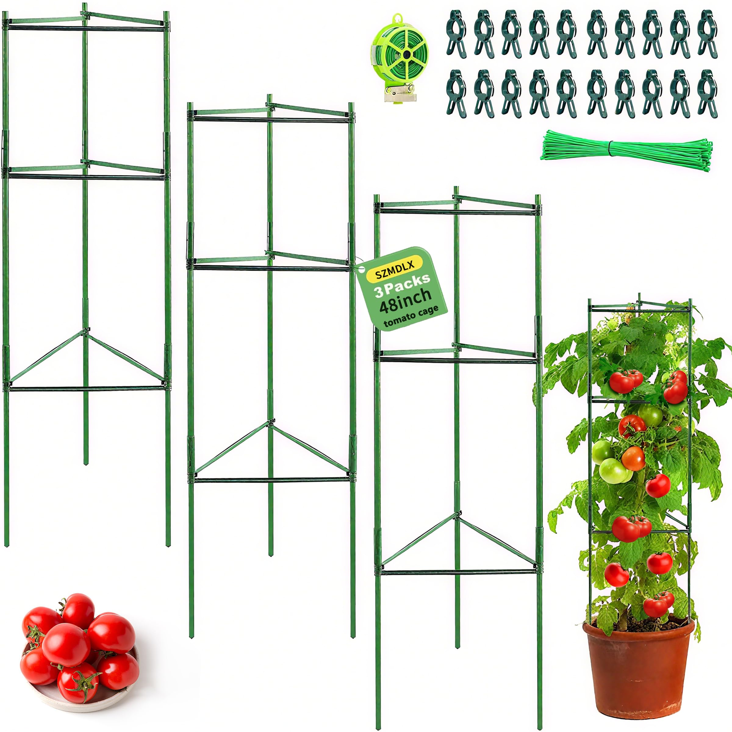 SZMDLX 3 Pack Tomato Cage, 48 Inches Large Tomato support Adjustable Green Sturdy Garden Plant Support Stake Garden Trellis Vertical Climbing Plants Support for Vegetables, Flowers, Fruit Grow ﻿