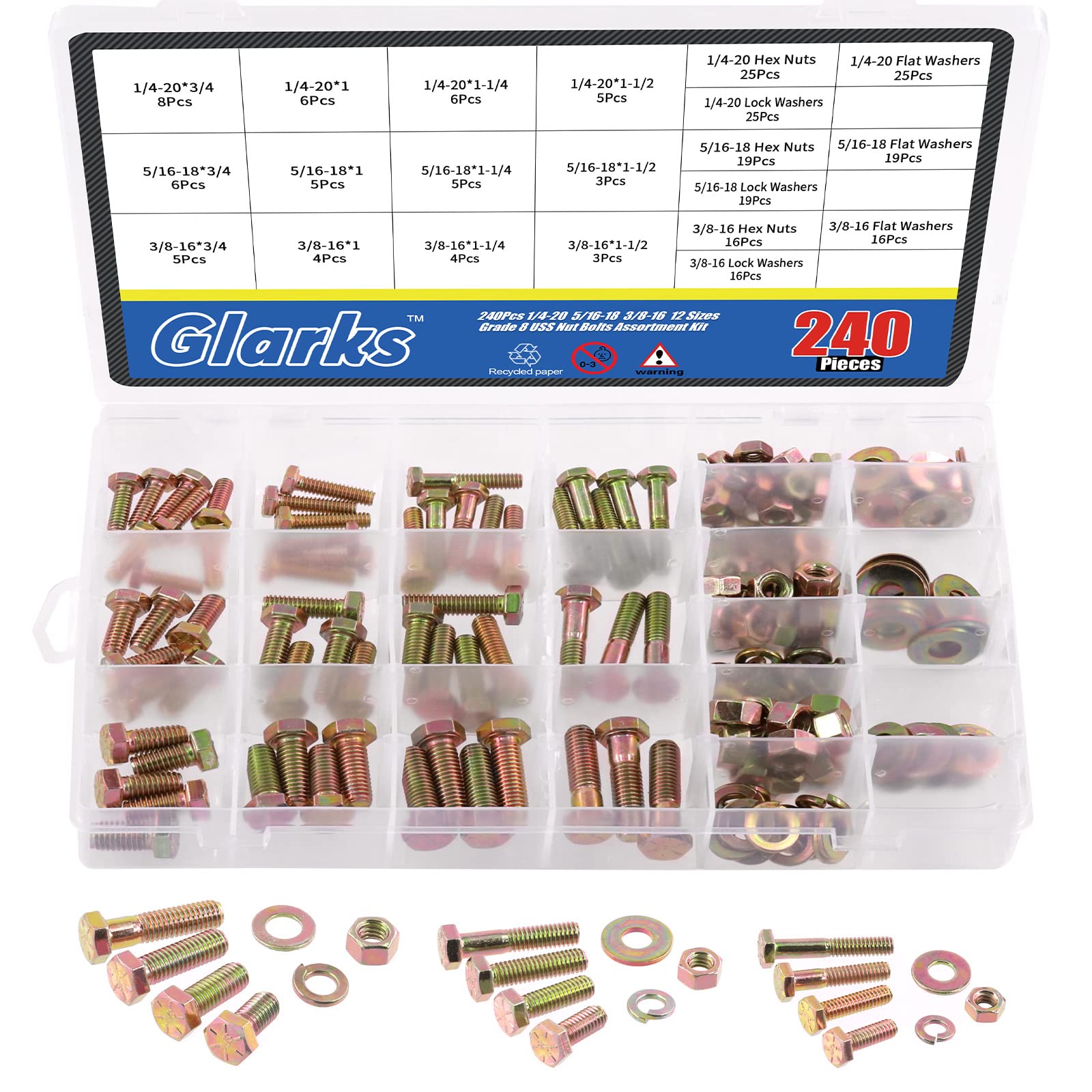 GLARKS G-2206 240Pcs Grade 8 Coarse Thread Bolts Nuts Screws Washers Assortment Kit (3 Size Screw Set)