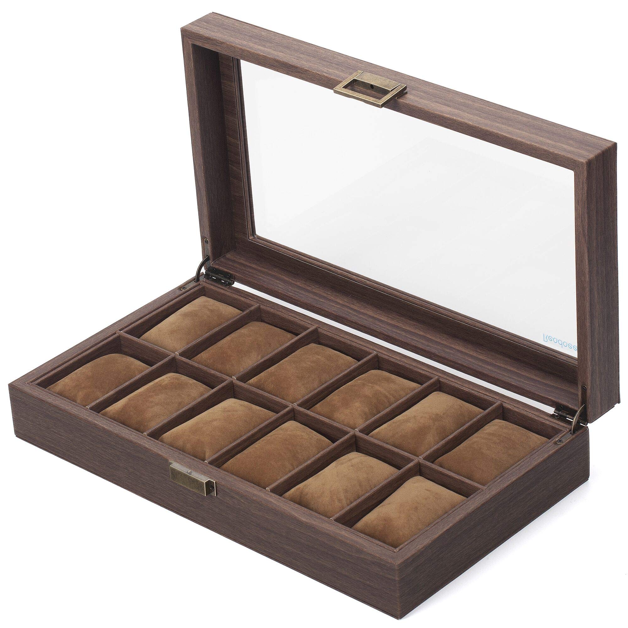 READAEER Watch Box 12-Slots with Real Glass Topped,Wood Grain PU Watch Display Storage Case,as a Gift for lovers