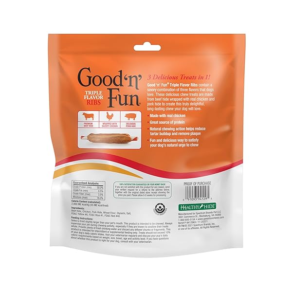 GOOD ‘N’ FUN TRIPLE FLAVOR RIBS CHEWS FOR ALL DOGS, 12 OUNCES, TREAT YOUR DOG TO LONG-LASTING CHEWS MADE WITH BEEF HIDE, CHICKEN AND PORK HIDE