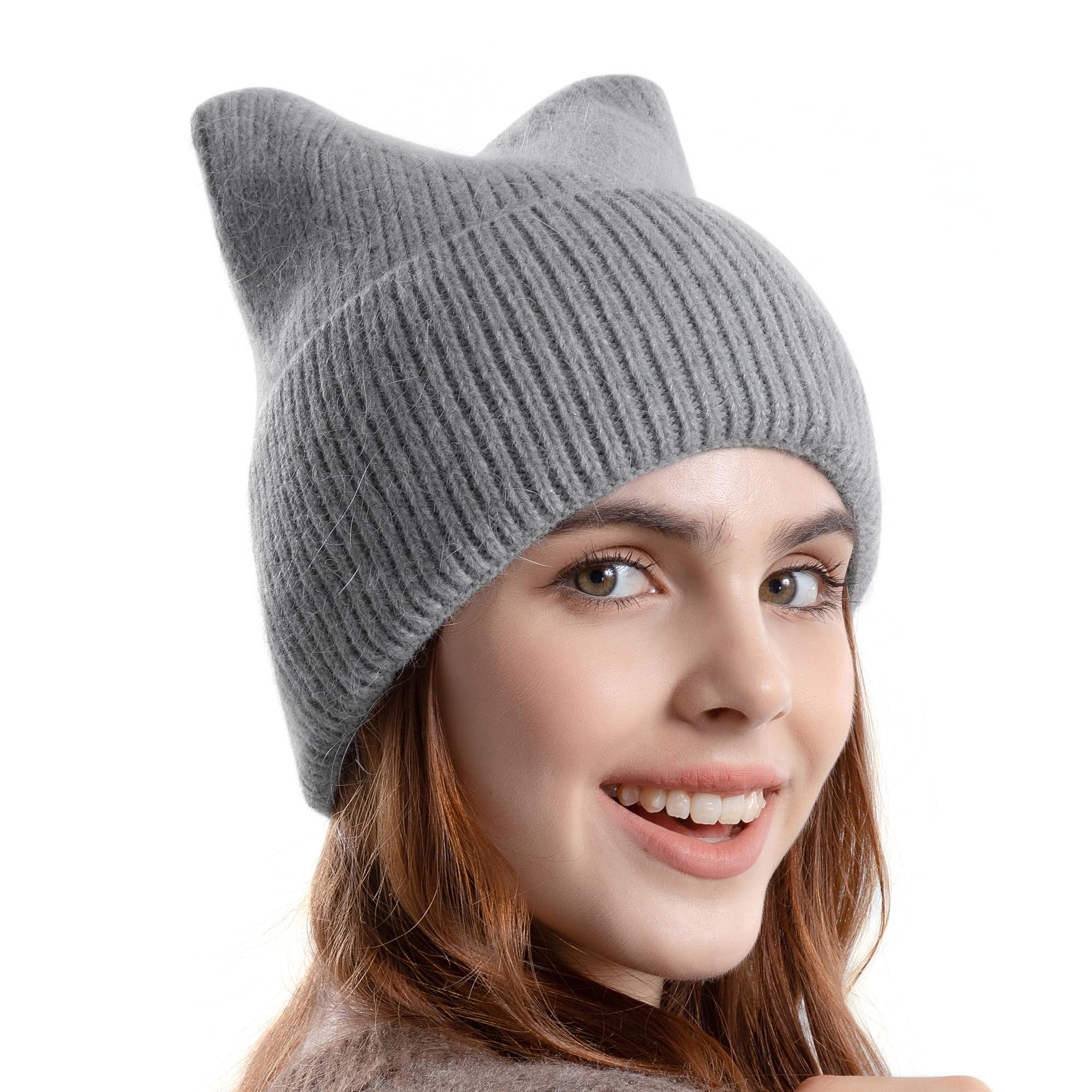 Photo 1 of Koreshion Women Winter Beanie Hat Cute Cat Ear Snow Ski Hat Warm Cable Knitted Hat Soft Cuffed Skull Cap Grey