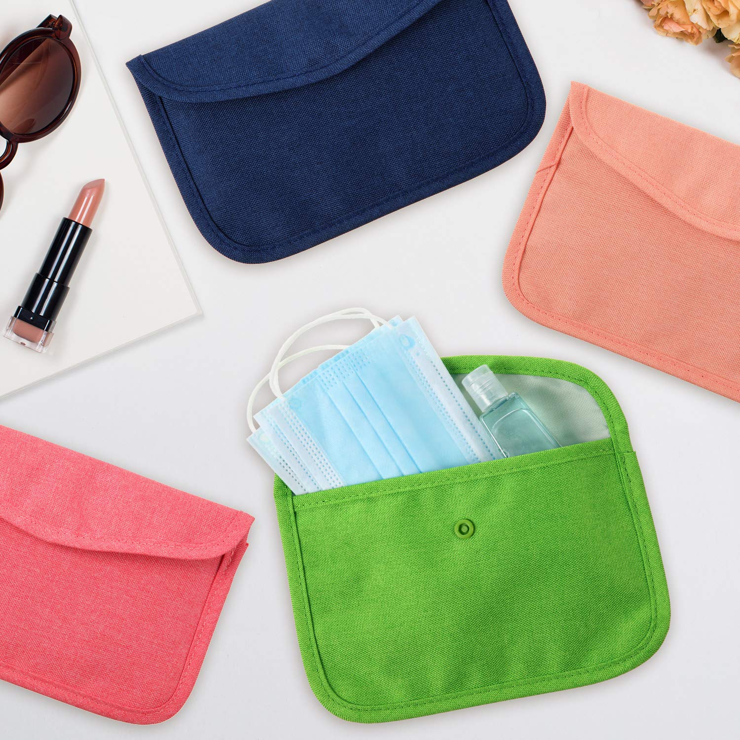 4 Pieces Portable Face Cover Storage Bags Cloth Face Cover Organizer Case Cosmetic Containers Face Covers Clips Pollution Prevention Bags (Navy Blue, Peachy Pink, Green and Pink)