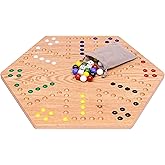 AmishToyBox.com Wahoo Marble Game Board Set - 20" Wide - Solid Oak Wood - Double-sided - with Large 18mm Marbles and Dice Included