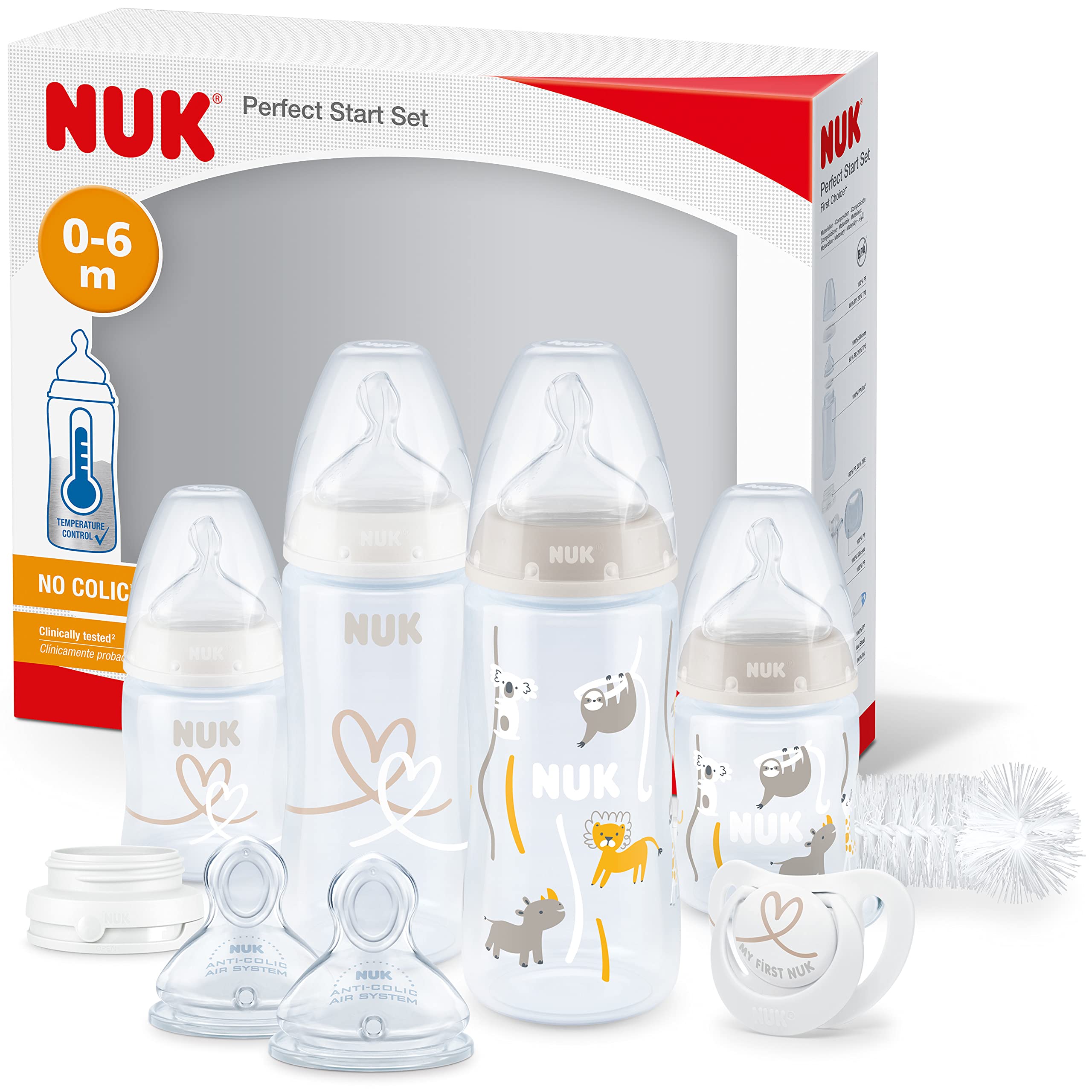 NUK Perfect Start First Choice+ Baby Bottles Set | 0-6 Months | 4 x Temperature Control Bottles, Dummy, Bottle Brush & More | BPA-Free | Safari | 10 Count
