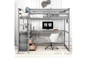 BOVZA Full Size Loft Bed with Desk and Shelves, 2 Built-in Drawers, Wooden Full Loft Bed Frame with Safety Guardrails for Kids Teens Adults, Gray