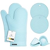 Rorecay 6pcs Oven Mitts and Pot Holders Sets, Extra Long Silicone Oven Gloves Heat Resistant 500 Degrees Non-Slip Potholders Hot Pads for Kitchen Baking Cooking, Quilted Liner, Winter Sky
