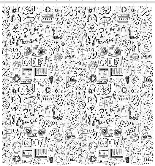 Amazon Com Lunarable Rap Shower Curtain Music Pattern With Variety Of In Sketch Style Party Time Hip Hop Culture Cloth Fabric Bathroom Decor Set With Hooks 105 Extra Wide Black And White Home