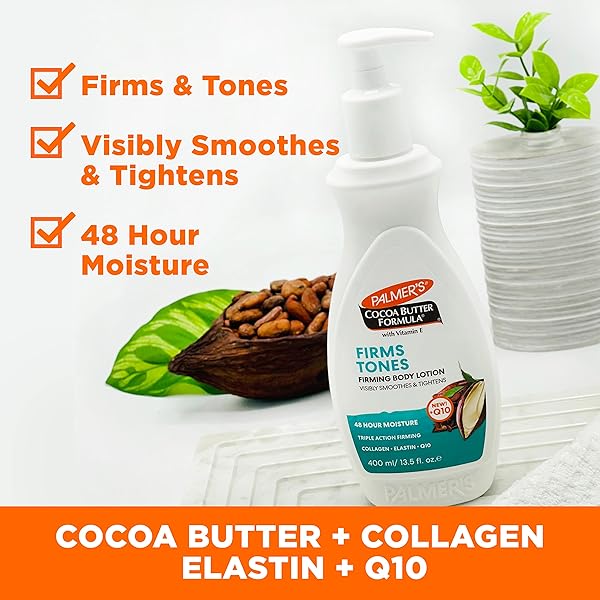 PALMER’S COCOA BUTTER FORMULA SKIN FIRMING BODY LOTION, TONING & TIGHTENING CREAM WITH Q10, COLLAGEN & ELASTIN, PUMP BOTTLE, 13.5 OZ.