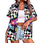80s 90s Outfits for Women Retro Theme Party Button Up T-Shirt Neon Short Sleeve Blouse Tops