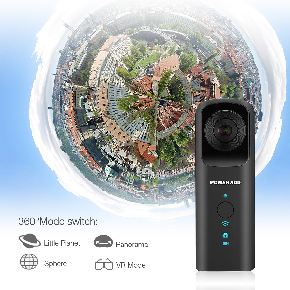 Poweradd 360 Degree Paranomic Protable Wireless Digital Video Camera,Dual 210 Fisheye Lens,1920 x 960@30fps Full HD,SD Card Not Included
