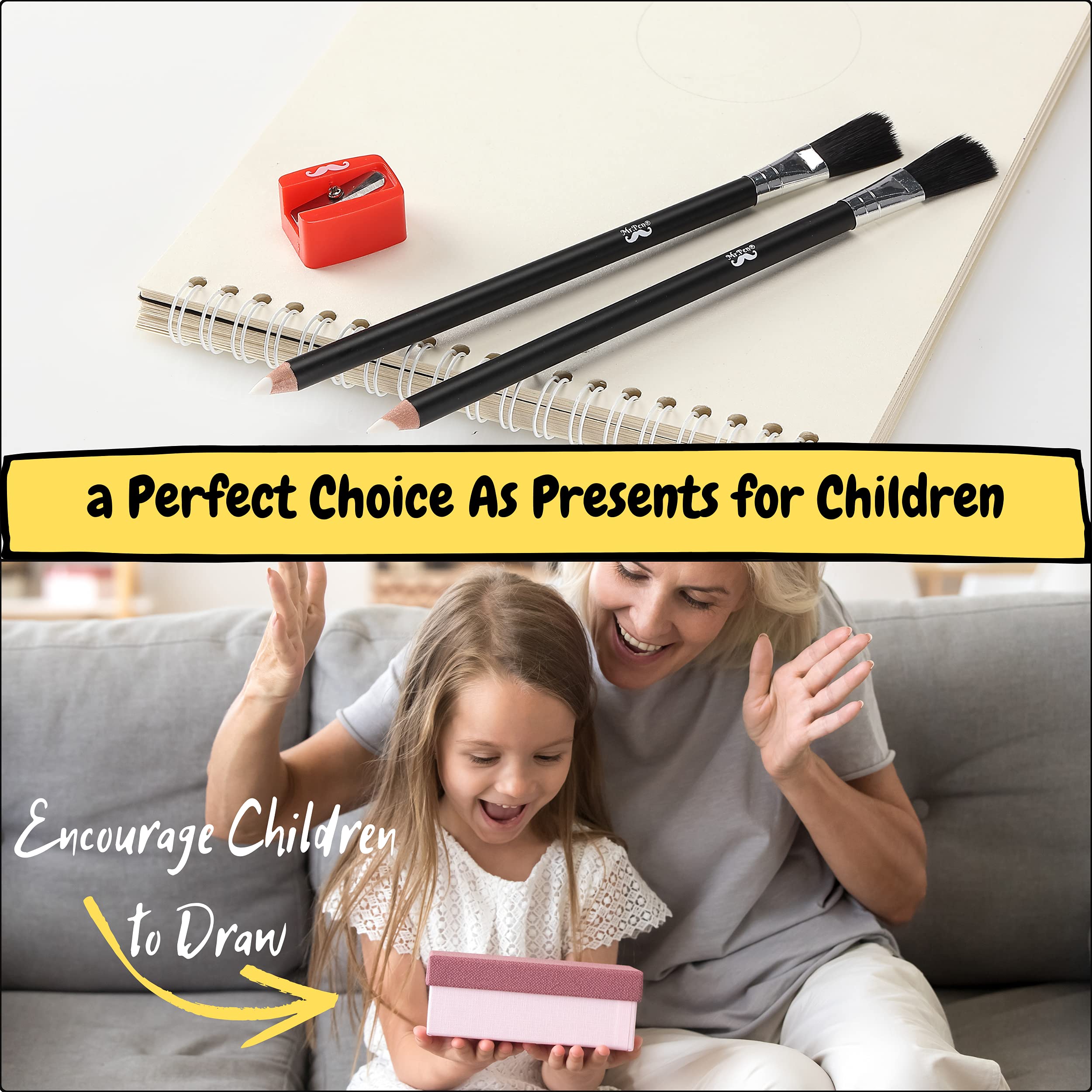 Mr. Pen Eraser Pencil with Brush, 3 Pcs, 2 Eraser Pencils, 1 Sharpener, Artist & Drawing Set
