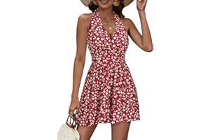 HUHOT Rompers for Women Casual Halter V Neck Backless Summer Sexy Beach Dressy 2025 Short Romper Dresses with Pockets