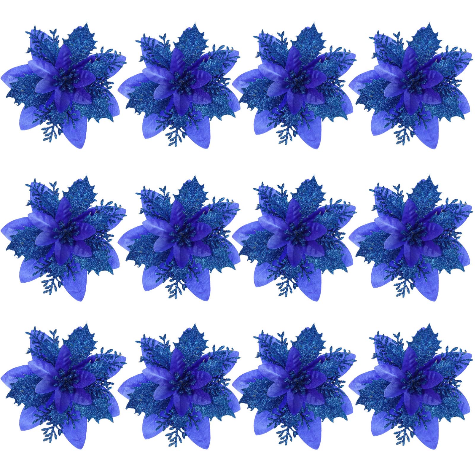 TOYANDONA 12Pcs Christmas Poinsettia Flowers, Artificial Glitter Poinsettia Flowers Home Party Wreath Decorations Christmas Tree Ornaments Party Decoration with Stems and Clips- Blue