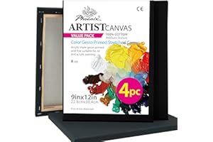 PHOENIX Black Stretched Canvas, 9x12 Inch/4 Pack - 3/4 Inch Profile, 8 Oz Quadruple Gesso Primed 100% Cotton Blank Black Canvases for Acrylic, Oil, Tempera, Metallic, Neon Painting & Crafts