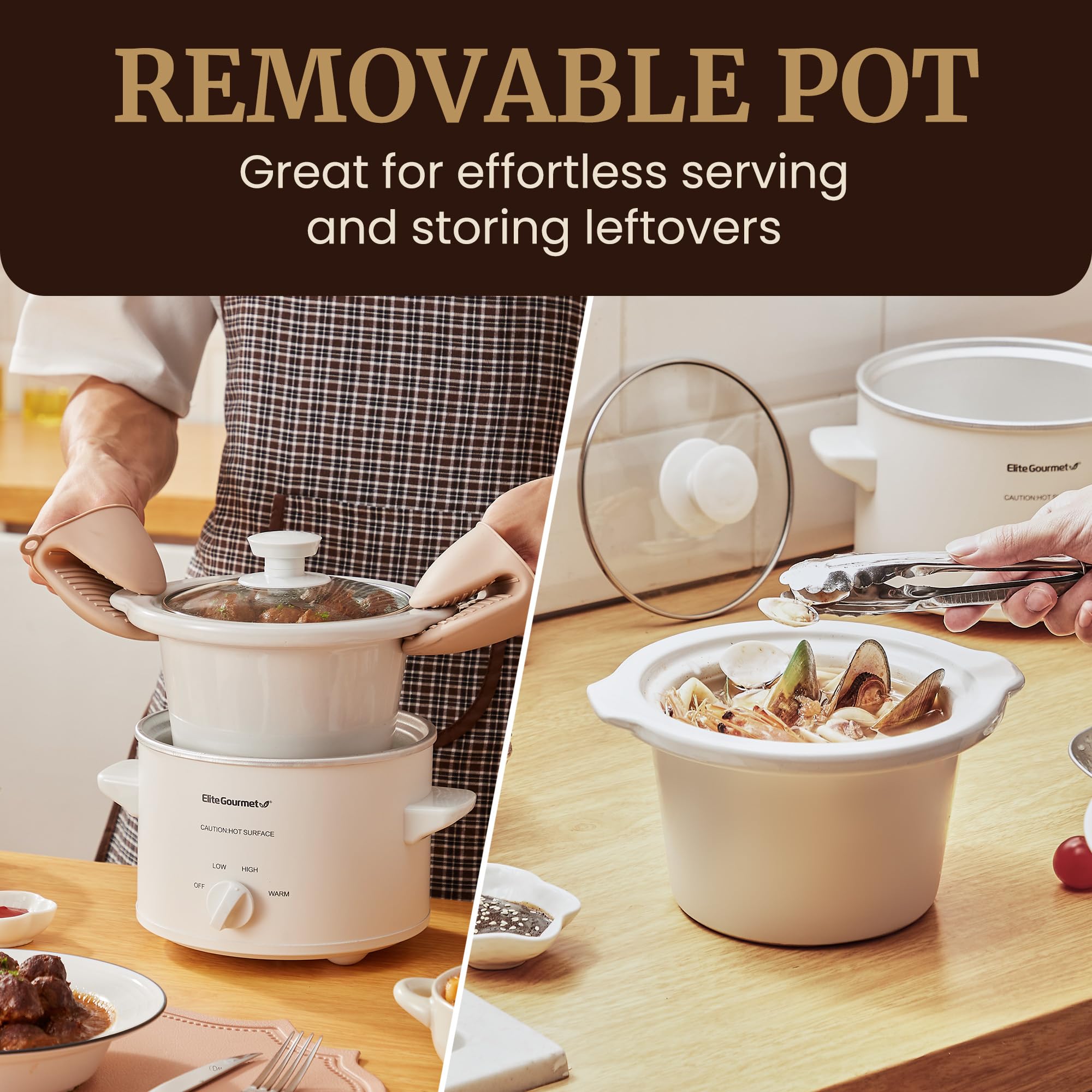 Elite Gourmet MST-250XW# Electric Slow Cooker Ceramic Pot, with Adjustable Temp, Entrees, Sauces, Soups, Roasts, Stews & Dips, Dishwasher Safe (1.5 Quart, White)
