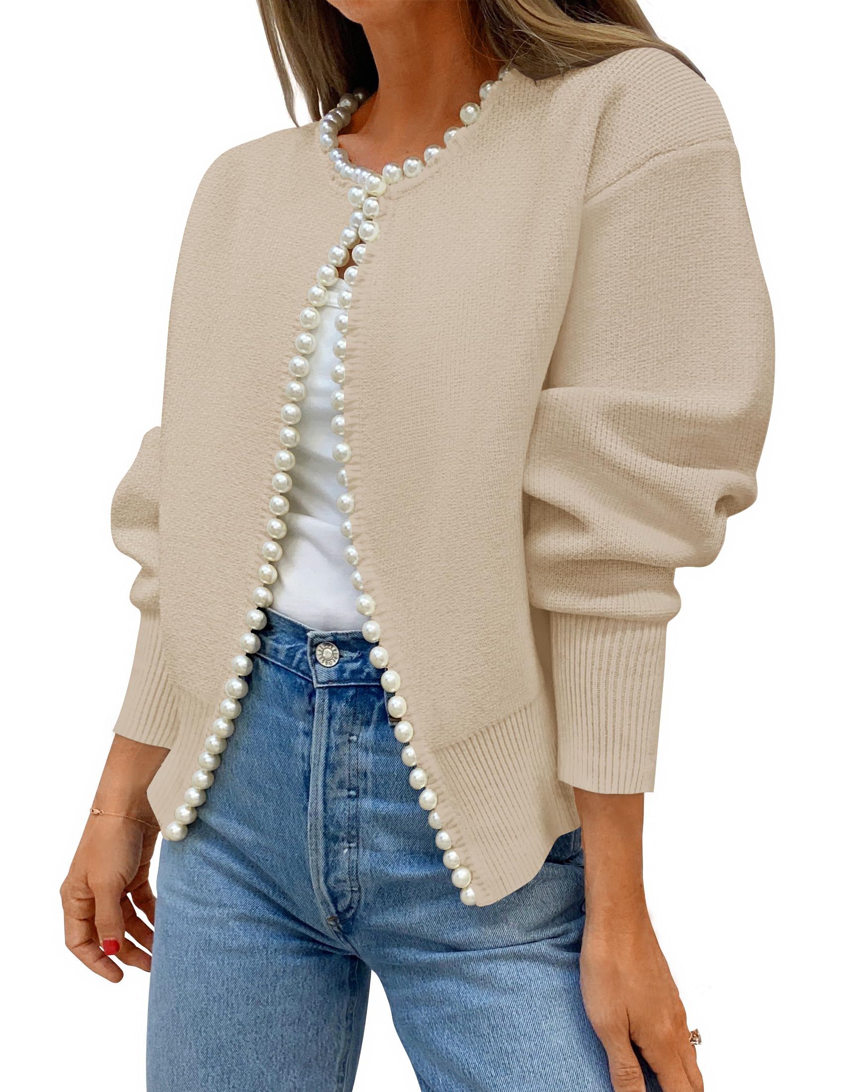 Photo 1 of ** FEW PEARLS MISSING**   ZESICA Women's Open Front Cardigan Sweater 2026 Spring Casual Knitted Long Sleeve Pearls Trim Outerwear Coat Trendy Clothes Apricot Medium