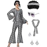 FEELJAM 70s Disco Outfits for Women, Retro 8 PCS Disco Costume with Top, Pants, Sunglasses, Ring, Earrings, Wigand