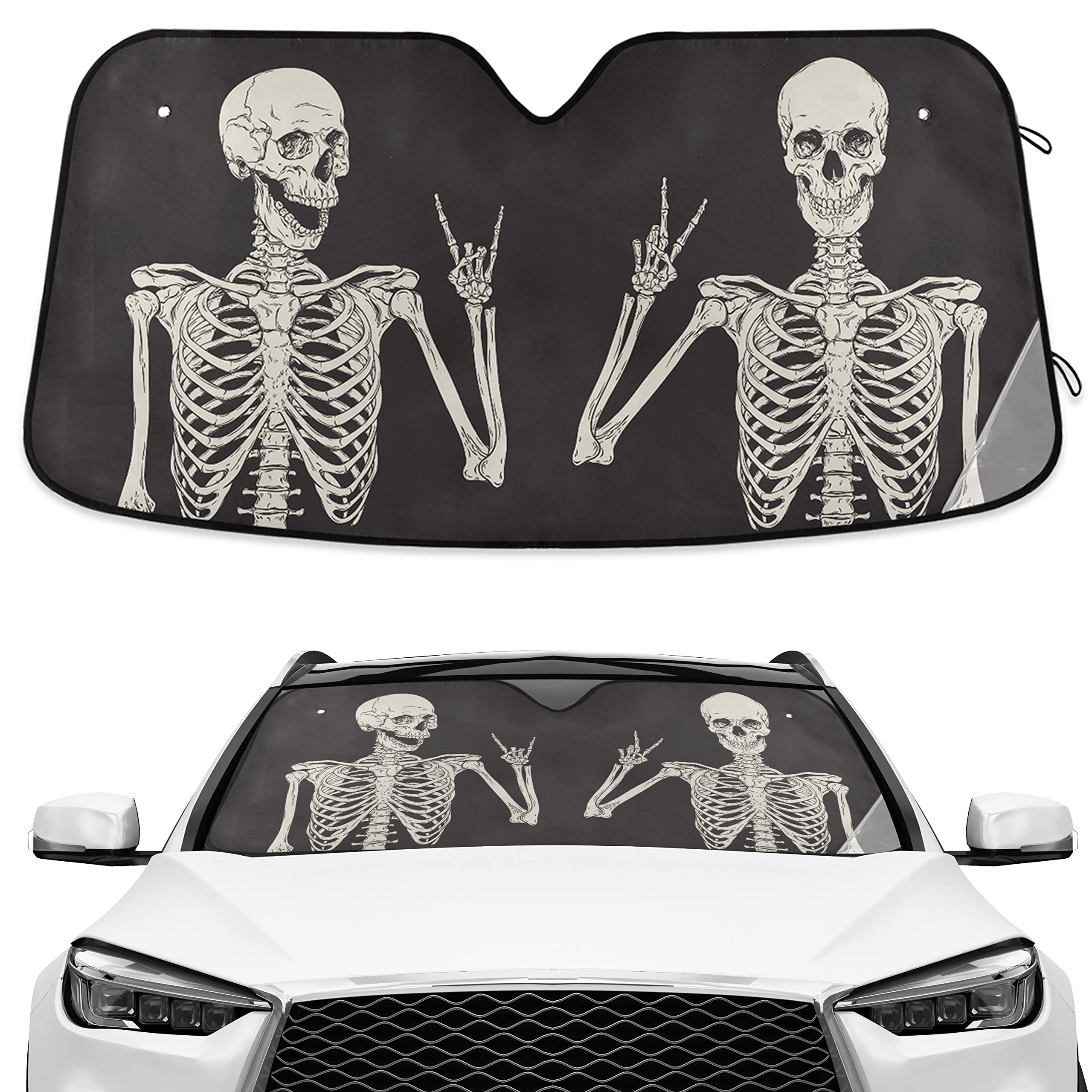 Photo 1 of Funny Skull Car Windshield Sunshade - Skeleton Car Shade Skull Sun Shade Black Blocks UV Rays Visor Protector Accordion Folding Sun Reflector Auto Sunshade for Truck SUV to Keep Your Vehicle Cool